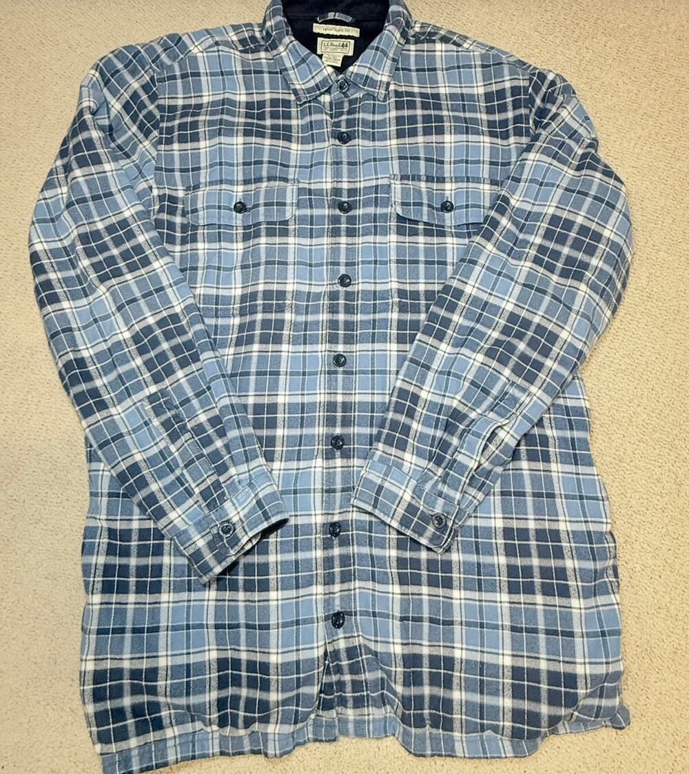 LL Bean Fleece Lined Flannel Shirt Jacket Blue Plaid XLT